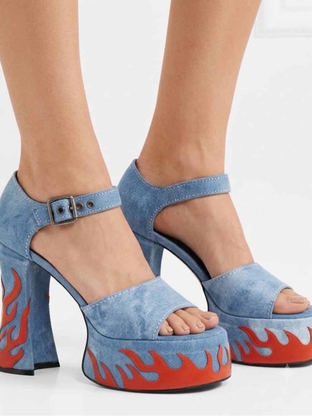 Current Mood Little Pistol Platform Heels 7 Denim Orange Flame Block